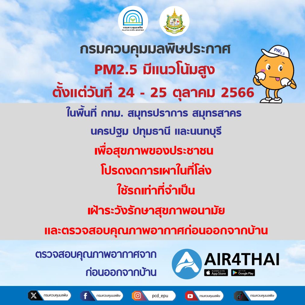 เตือน! กทม.-ปริมณฑล 24-25 ตุลาคม 2566 ฝุ่น PM 2.5 แนวโน้มสูง