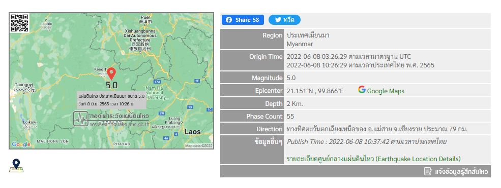 แผ่นดินไหวขนาด 5.0 ที่เมียนมา จ.เชียงราย รับรู้แรงสั่นสะเทือน