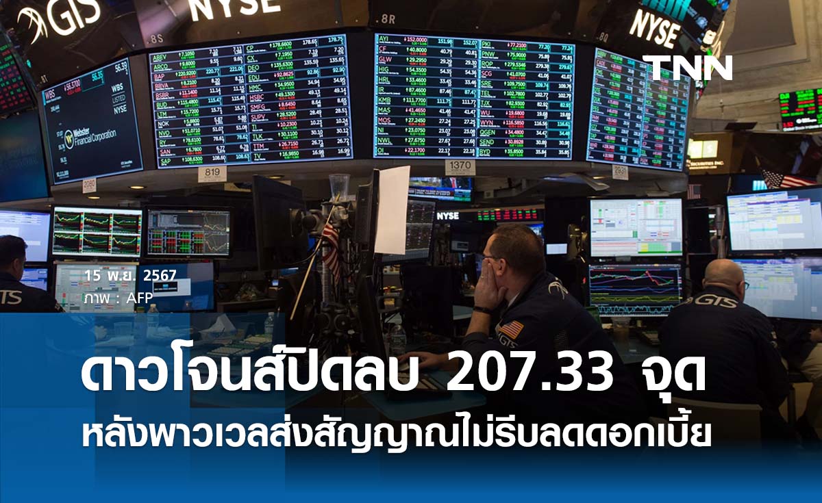 หุ้นวันนี้ดาวโจนส์ 15 พฤศจิกายน 2567 ปิดลบ 207.33 จุด รับ เฟดส่งสัญญาณไม่รีบลดดอกเบี้ย