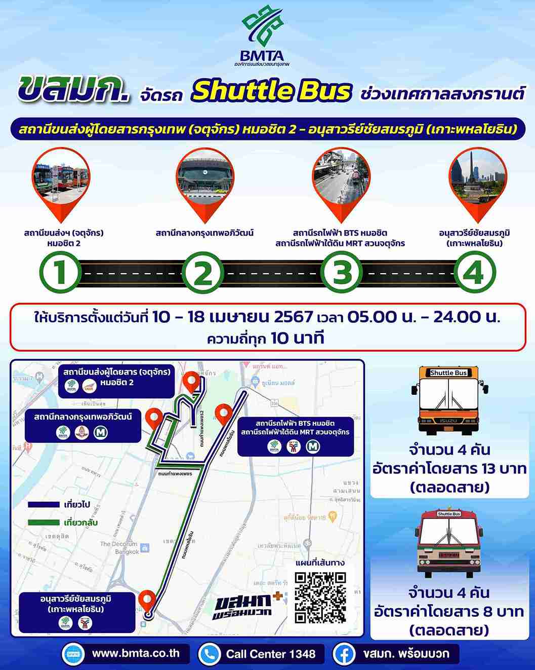 สงกรานต์ 2567  ขสมก. จัดรถ Shuttle Bus เชื่อมต่อหมอชิต 2 - อนุสาวรีย์ชัยสมรภูมิ