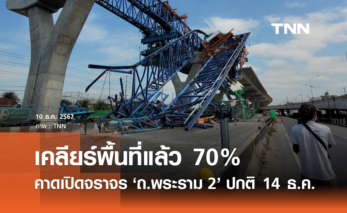 คานถล่ม ถนนพระราม 2 เคลียร์พื้นที่แล้ว 70% คาดเปิดจราจรปกติ 14 ธ.ค.