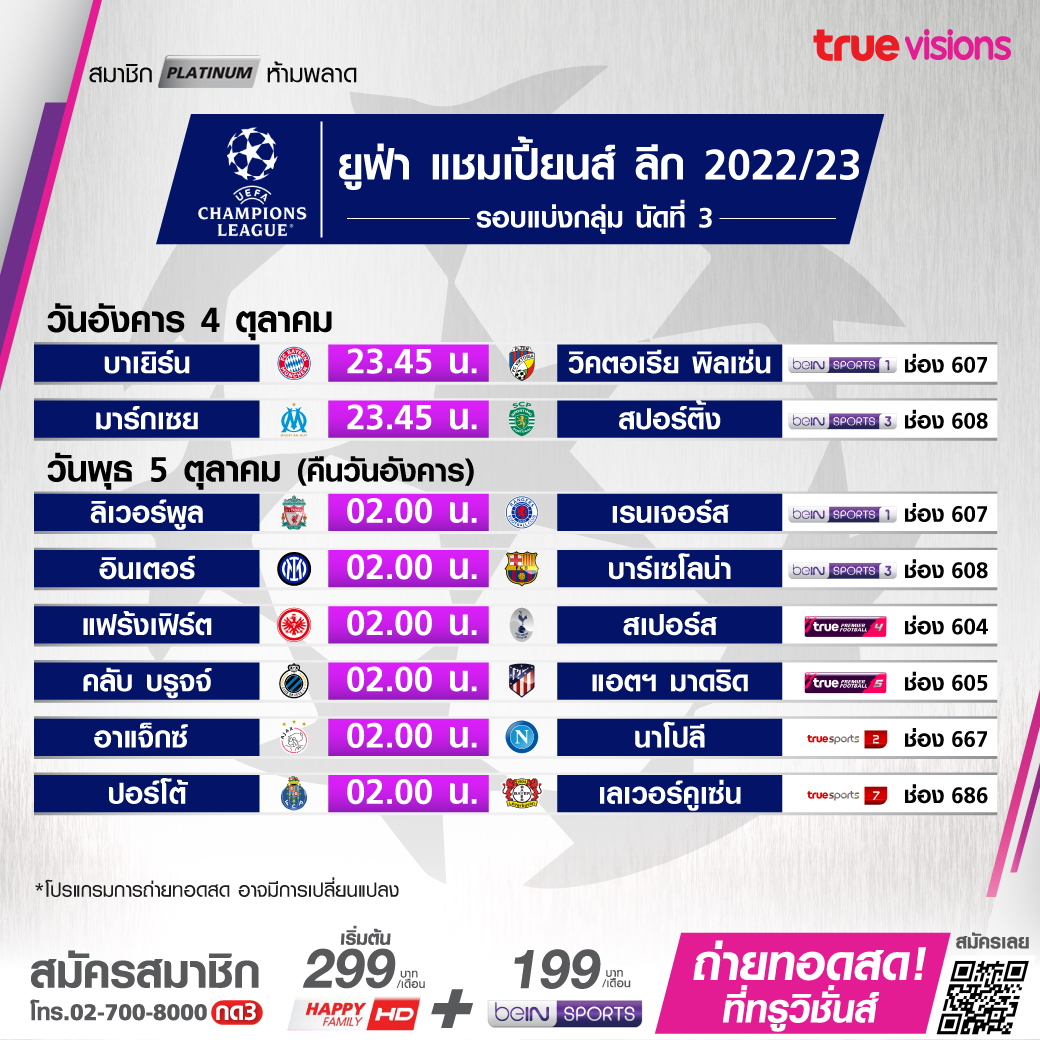 โปรแกรมถ่ายทอดสดฟุตบอลสโมสรยุโรป 2022-23 รอบแบ่งกลุ่ม นัดที่สาม