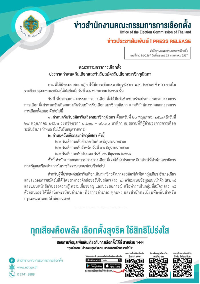 ประกาศแล้ว! กกต. เปิดรับสมัคร สว. ทั่วประเทศ 20-24 พ.ค. นี้