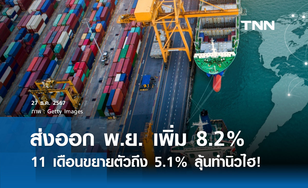 ส่งออก พ.ย. เพิ่ม 8.2% รวม 11 เดือนขยายตัว 5.1% ลุ้นทำนิวไฮทะลุ 3 แสนล้านเหรียญ 