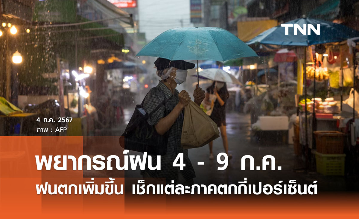 พยากรณ์ฝนสะสม 4 - 9 ก.ค.! กรมอุตุฯ แจ้งฝนเพิ่มขึ้น เช็กแต่ละภาคตกกี่เปอร์เซ็นต์