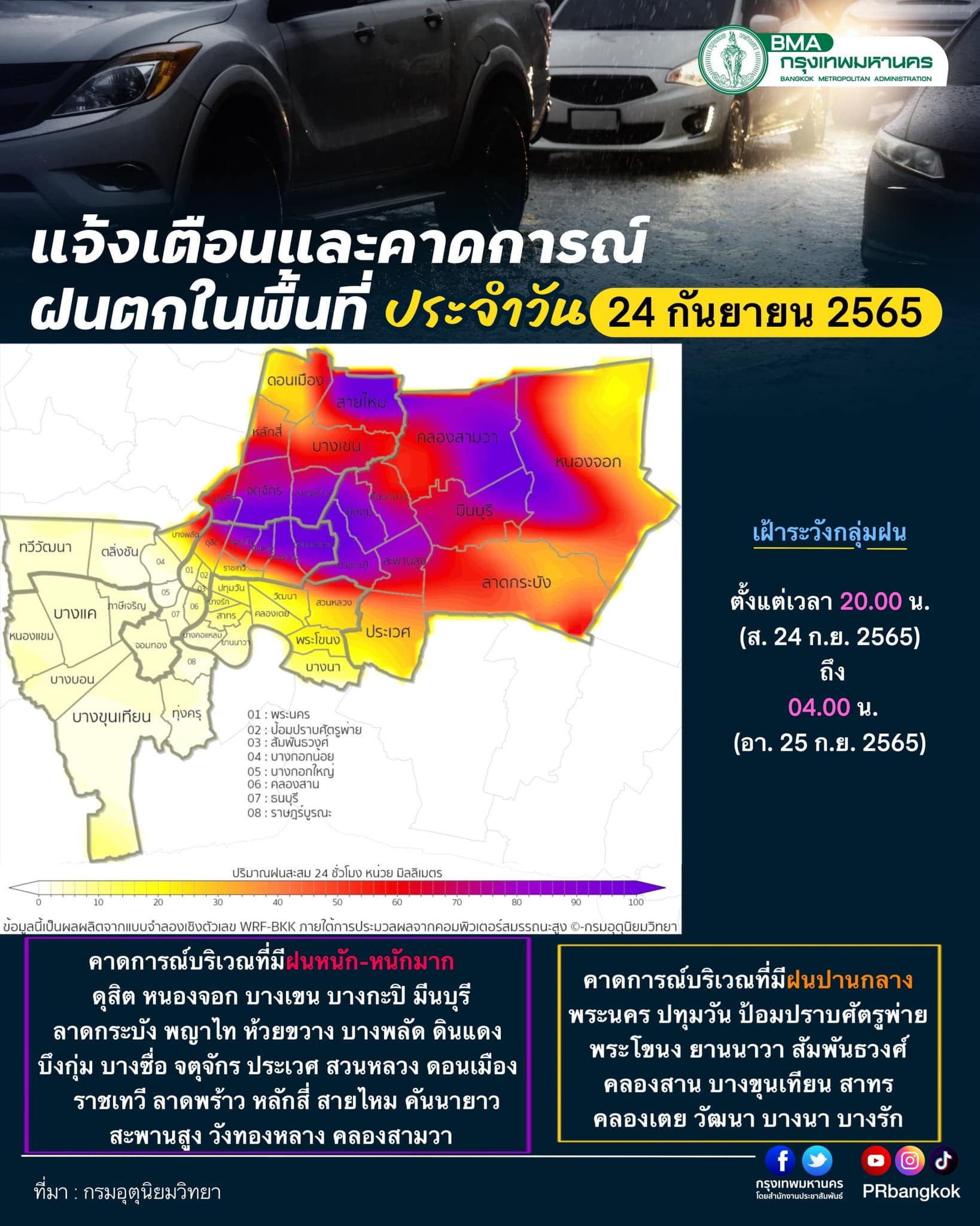 สภาพอากาศกทม.วันนี้ เช็กรายชื่อ 24 เขต คืนนี้เตรียมรับมือ “ฝนตกหนัก”