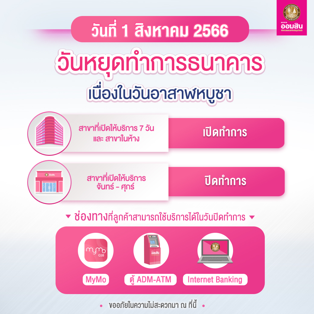 วันหยุดเดือนกรกฎาคมและสิงหาคม 2566 รวม 6 วัน เช็กที่นี่! ธนาคารเปิด-ปิดทำการวันเวลาใดบ้าง