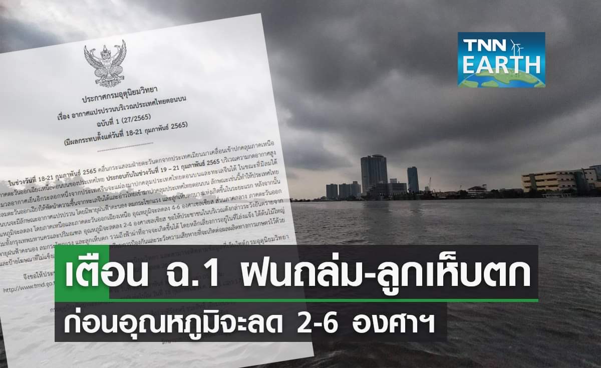 อุตุฯเตือน ฉ.1 ฝนถล่ม ลมแรง ลูกเห็บตก ก่อนอุณหภูมิลด 2-6 องศาฯ