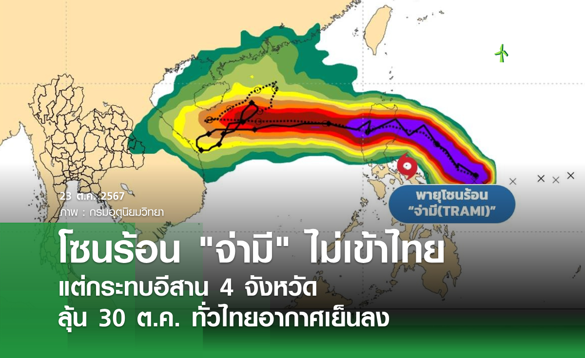 โซนร้อน จ่ามี ไม่เข้าไทย แต่กระทบอีสาน 4 จังหวัด ลุ้น 30 ต.ค. ทั่วไทยอากาศเย็นลง