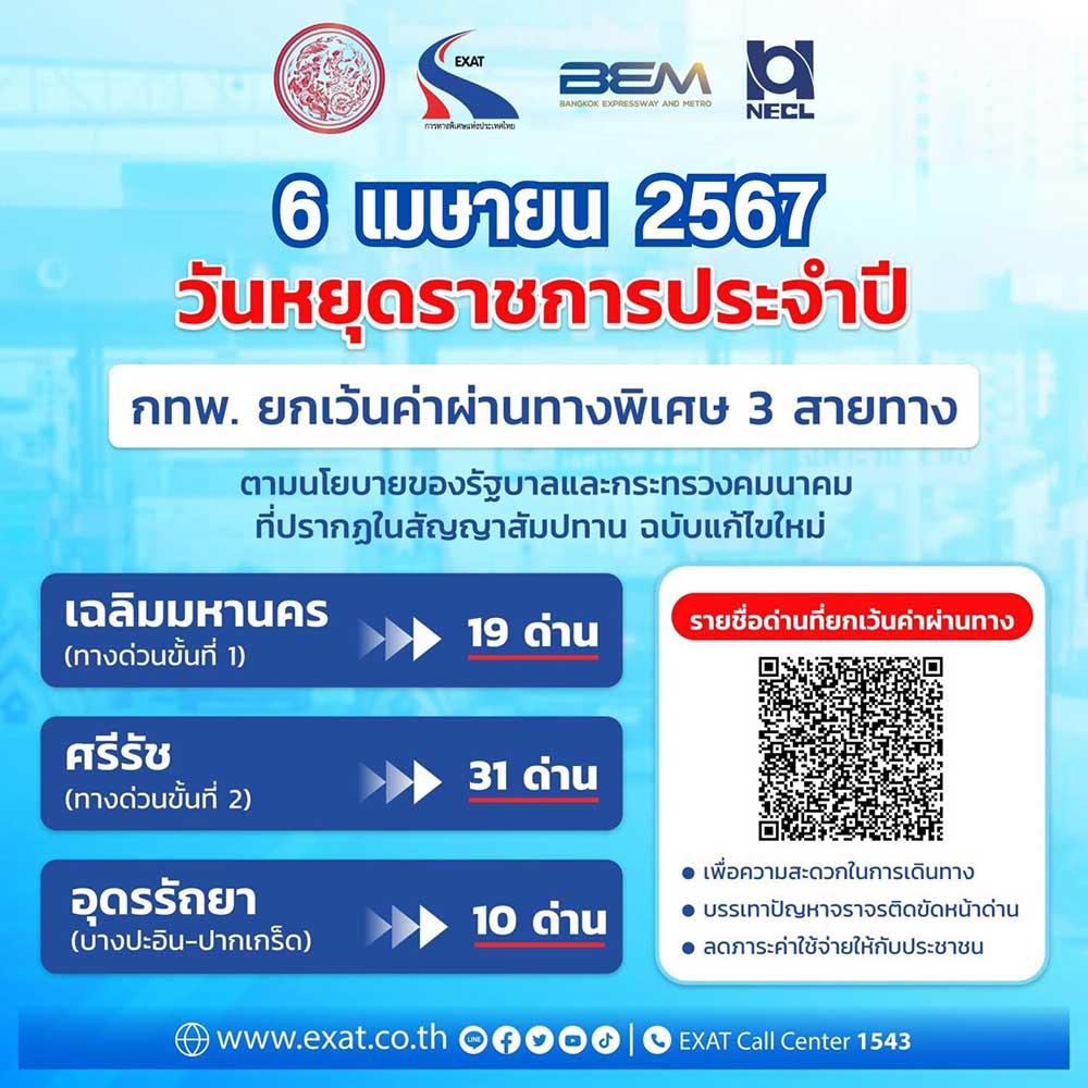 วันหยุดวันจักรี 6 เมษายน 2567 ขึ้นทางด่วนฟรี เส้นทางไหนบ้างเช็กเลย