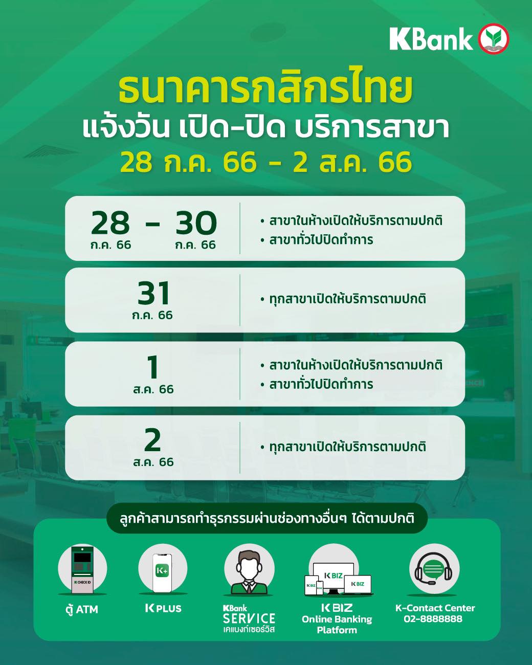 วันหยุดเดือนกรกฎาคมและสิงหาคม 2566 รวม 6 วัน เช็กที่นี่! ธนาคารเปิด-ปิดทำการวันเวลาใดบ้าง