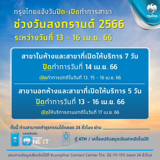 วันหยุดสงกรานต์ 2566 ธนาคารหยุดวันไหน เช็กที่นี่! เปิด-ปิดทำการวันเวลาใดบ้าง