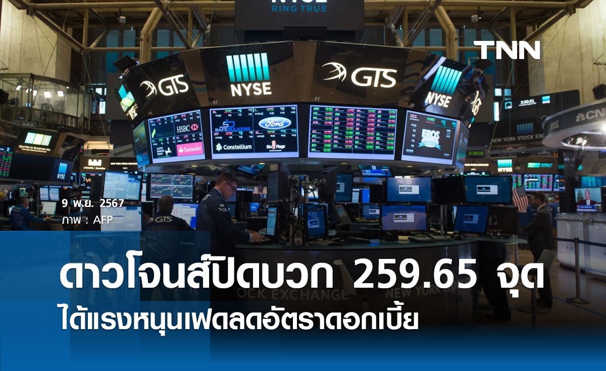 หุ้นวันนี้ดาวโจนส์ 9 พฤศจิกายน 2567 ปิดบวก 259.65 จุด ได้แรงหนุนเฟดลดอัตราดอกเบี้ย