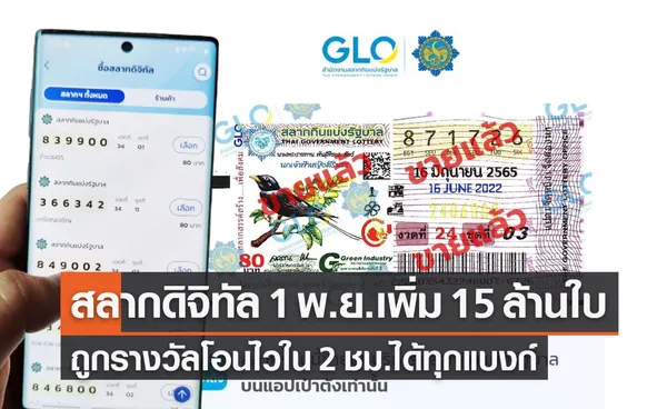 สลากดิจิทัล งวด 1 พ.ย.2565 เพิ่มเป็น 15 ล้านใบ ถูกรางวัลโอนไวใน 2 ชม.