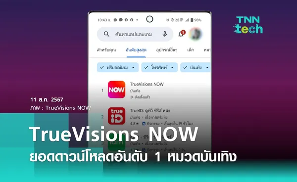 TrueVisions NOW ยอดดาวน์โหลดอันดับ 1 หมวดบันเทิงบน Google Play Store