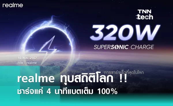 ชาร์จแค่ 4 นาทีแบตเต็ม 100% !! realme เปิดตัวนวัตกรรมชาร์จเร็วที่สุดของโลก “320W SUPERSONIC Charge”