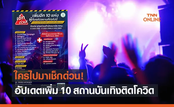 เช็กด่วน! กทม.ประกาศอัปเดตเพิ่ม 10 สถานบันเทิงพบผู้ติดเชื้อโควิด