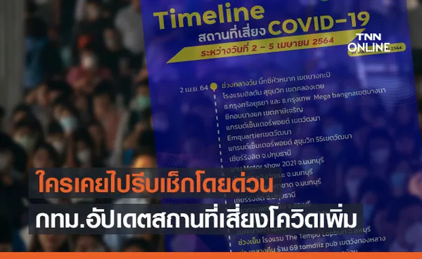 เช็กด่วน! กทม.อัปเดตสถานที่เสี่ยงโควิดเพิ่ม มีทั้งร้านอาหาร-ห้างดังหลายแห่ง