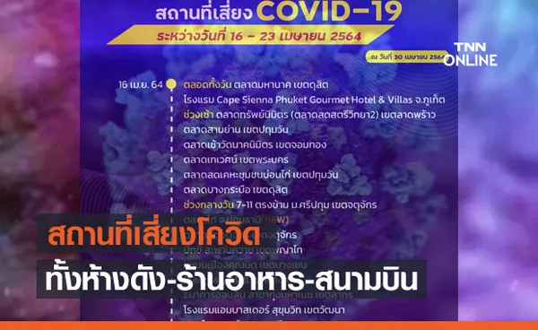 เช็กข้อมูลด่วน! กทม.อัปเดตสถานที่เสี่ยงโควิดเพิ่ม ทั้งห้างดัง-ร้านอาหาร-สนามบิน