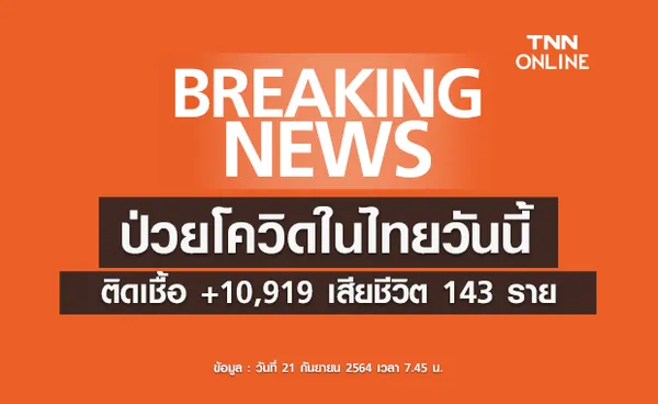 ป่วยโควิดในไทยวันนี้ พบติดเชื้อรายใหม่ 10,919 ราย เสียชีวิต 143 ราย