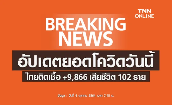 โควิด-19 วันนี้ ไทยติดเชื้อเพิ่ม 9,866 ราย เสียชีวิต 102 ราย